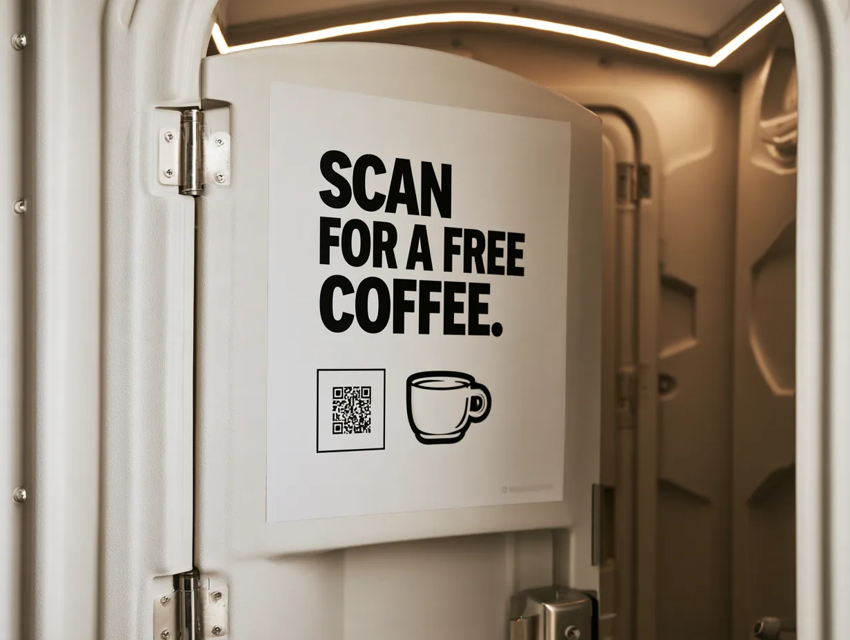 Door advertising: Scan for a free coffee.